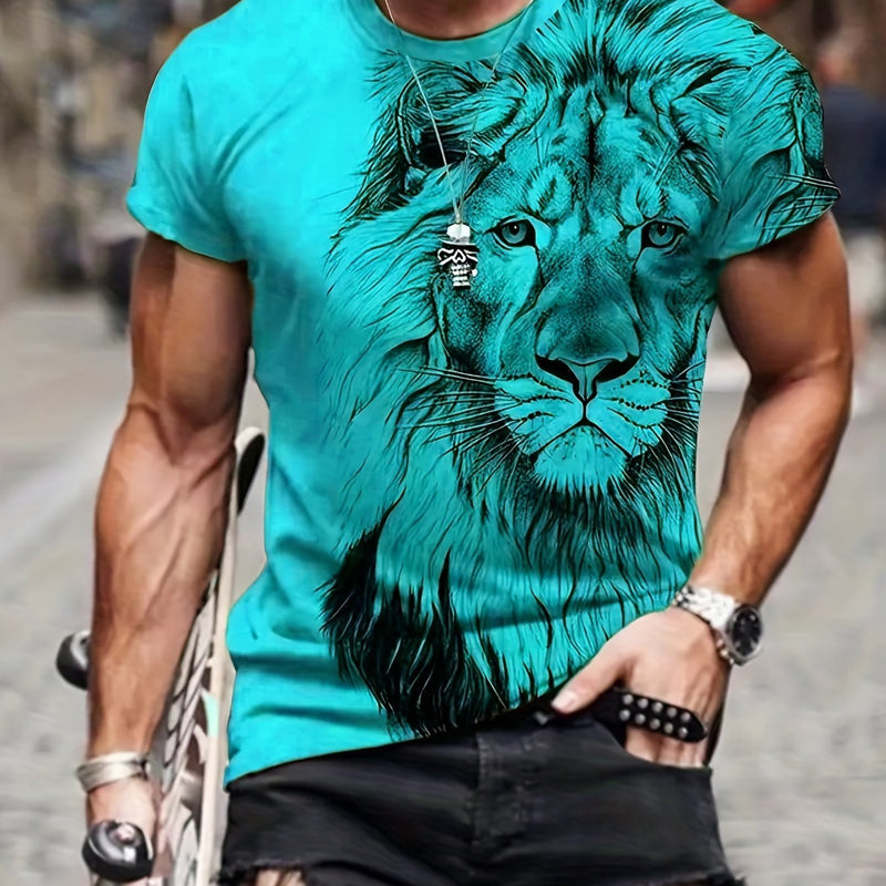 Camiseta Casual De Verano Cómoda Para Hombres Con Estampado Gráfico De León Digital - SACASUSA