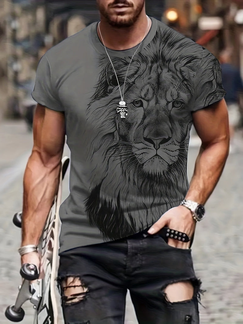 Camiseta Casual De Verano Cómoda Para Hombres Con Estampado Gráfico De León Digital - SACASUSA