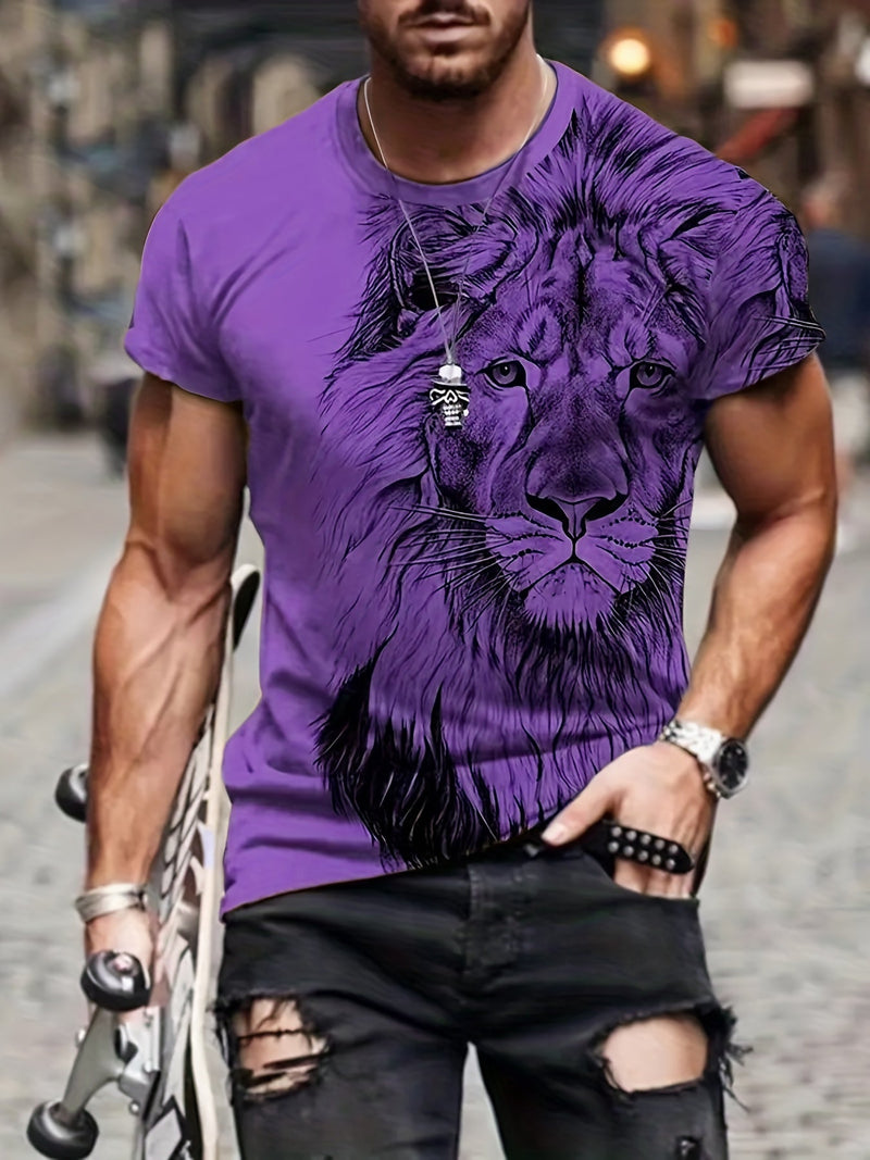 Camiseta Casual De Verano Cómoda Para Hombres Con Estampado Gráfico De León Digital - SACASUSA