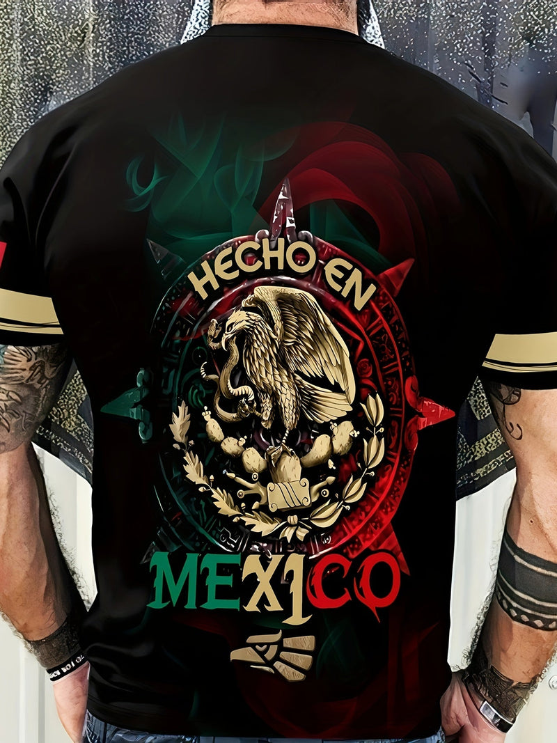 Camiseta Casual para Hombre con Cuello Redondo - Duradera y Fácil de Mantener con Estampado Geométrico Retro de México para Uso Diario y Resort - SACASUSA