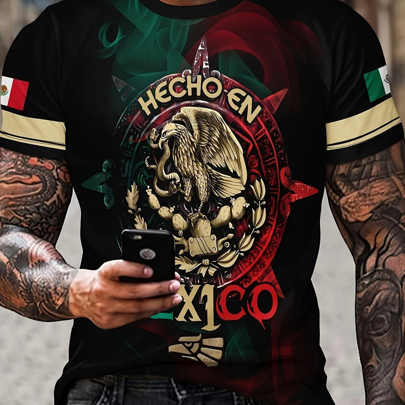 Camiseta Casual para Hombre con Cuello Redondo - Duradera y Fácil de Mantener con Estampado Geométrico Retro de México para Uso Diario y Resort - SACASUSA