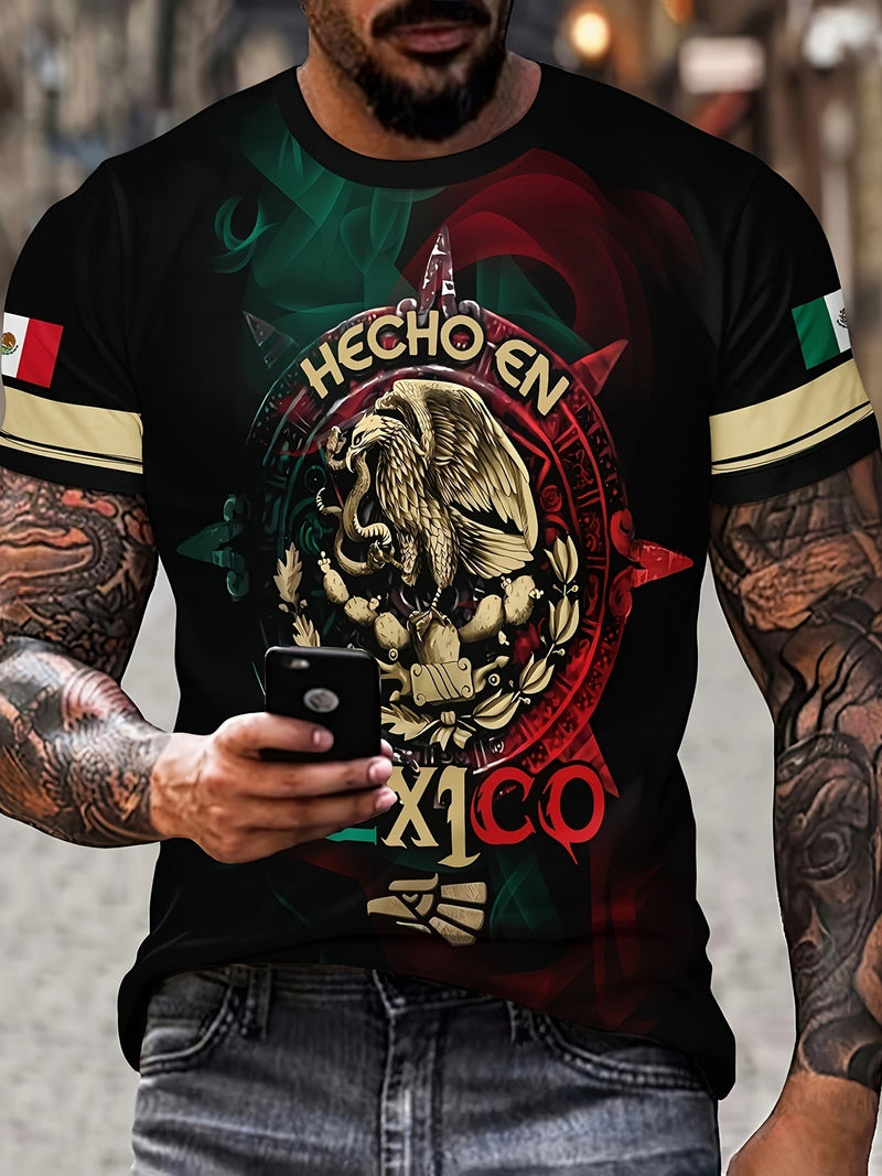 Camiseta Casual para Hombre con Cuello Redondo - Duradera y Fácil de Mantener con Estampado Geométrico Retro de México para Uso Diario y Resort - SACASUSA