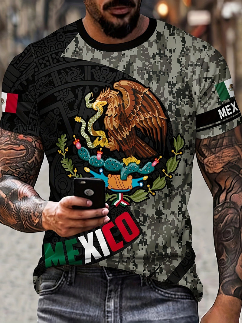 Camiseta Casual para Hombre con Cuello Redondo - Duradera y Fácil de Mantener con Estampado Geométrico Retro de México para Uso Diario y Resort - SACASUSA