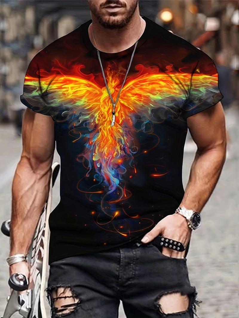 Camiseta con cuello redondo, manga corta y diseño gráfico de estampado de ave fénix para hombre, Camisetas cómodas e informales para verano, Tops de ropa para hombre para centros turísticos de vacaciones diarios - SACASUSA