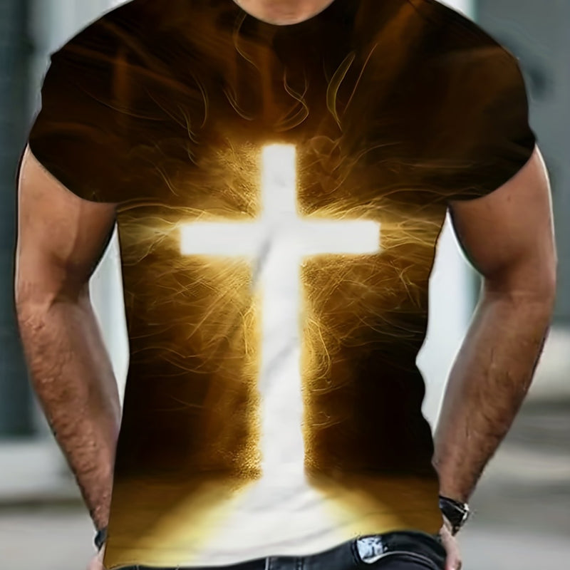 Camiseta Con Estampado 3d De Cruz De Manga Corta Con Cuello Redondo, Ropa De Moda De Verano Para Hombre - SACASUSA