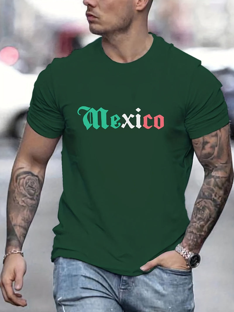 Camiseta creativa con estampado gráfico de letras de "MÉXICO" para hombre, casual de manga corta con cuello redondo, excelente regalo para este verano para relucirlo al aire libre - SACASUSA