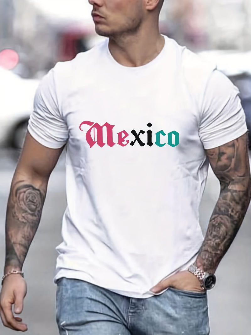 Camiseta creativa con estampado gráfico de letras de "MÉXICO" para hombre, casual de manga corta con cuello redondo, excelente regalo para este verano para relucirlo al aire libre - SACASUSA