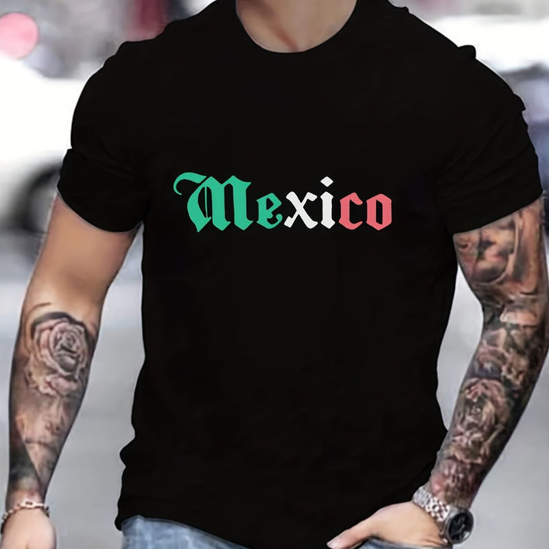 Camiseta creativa con estampado gráfico de letras de "MÉXICO" para hombre, casual de manga corta con cuello redondo, excelente regalo para este verano para relucirlo al aire libre - SACASUSA