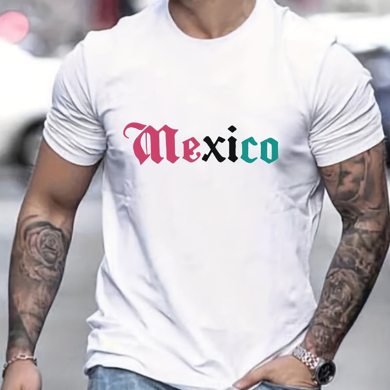 Camiseta creativa con estampado gráfico de letras de "MÉXICO" para hombre, casual de manga corta con cuello redondo, excelente regalo para este verano para relucirlo al aire libre - SACASUSA