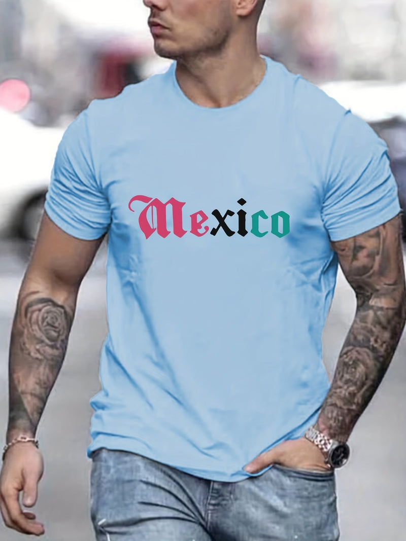 Camiseta creativa con estampado gráfico de letras de "MÉXICO" para hombre, casual de manga corta con cuello redondo, excelente regalo para este verano para relucirlo al aire libre - SACASUSA