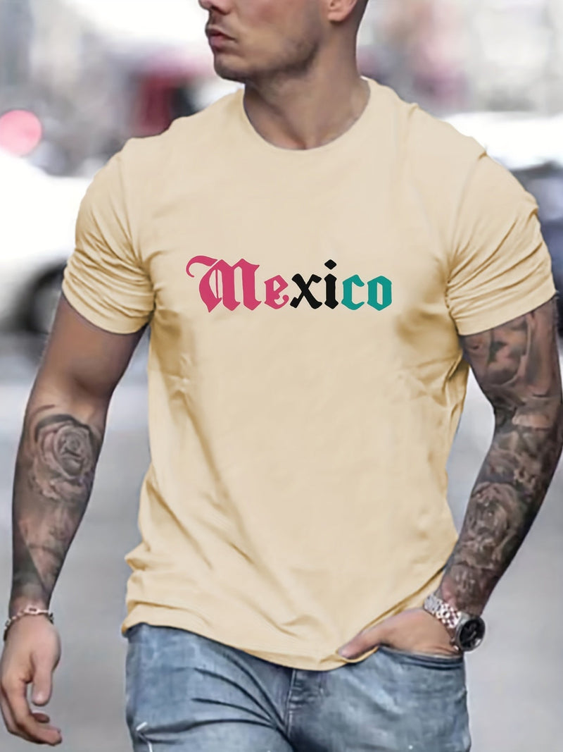 Camiseta creativa con estampado gráfico de letras de "MÉXICO" para hombre, casual de manga corta con cuello redondo, excelente regalo para este verano para relucirlo al aire libre - SACASUSA