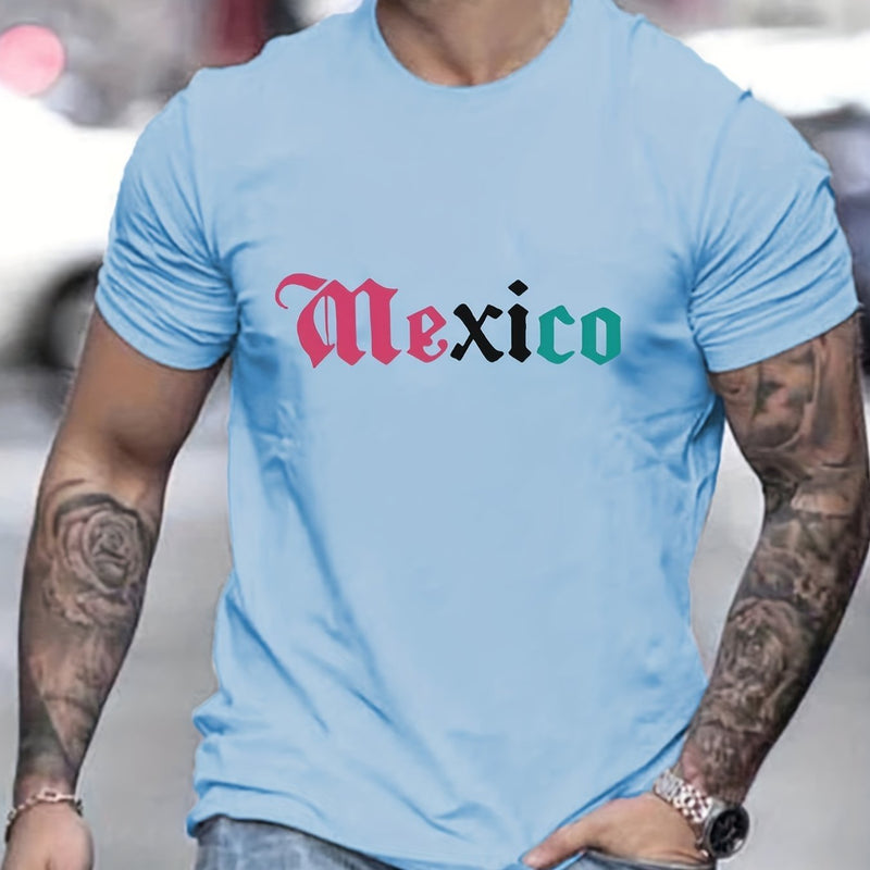 Camiseta creativa con estampado gráfico de letras de "MÉXICO" para hombre, casual de manga corta con cuello redondo, excelente regalo para este verano para relucirlo al aire libre - SACASUSA