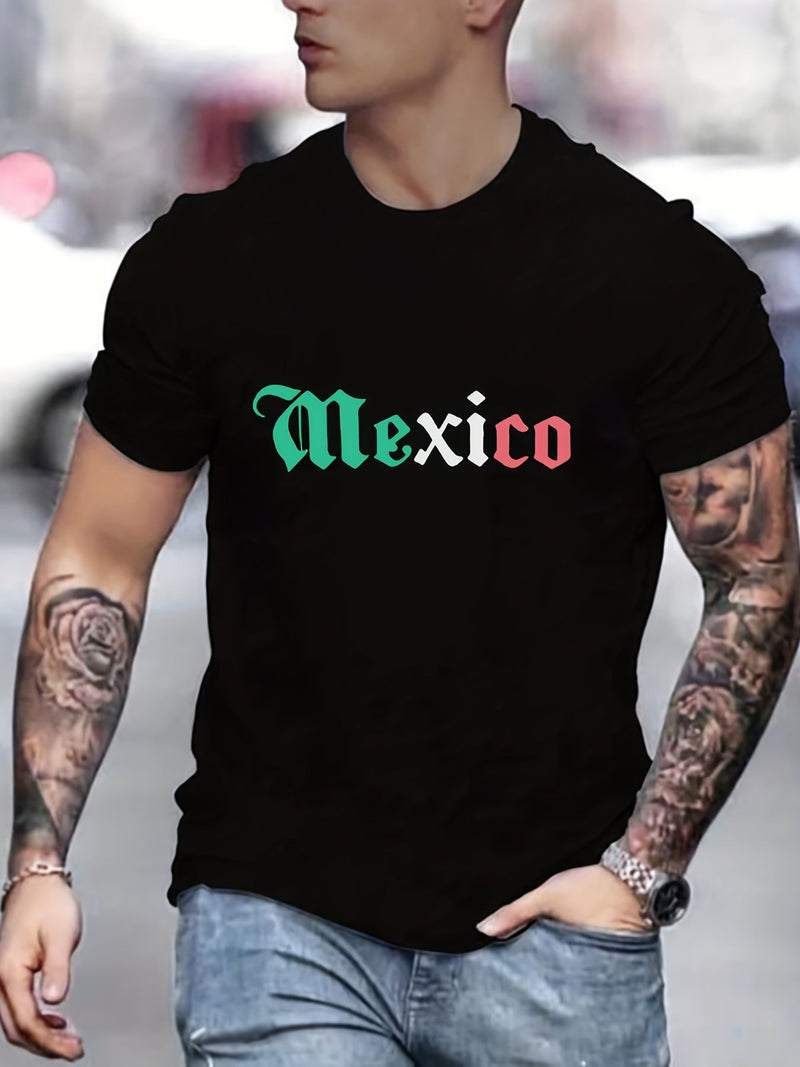 Camiseta creativa con estampado gráfico de letras de "MÉXICO" para hombre, casual de manga corta con cuello redondo, excelente regalo para este verano para relucirlo al aire libre - SACASUSA