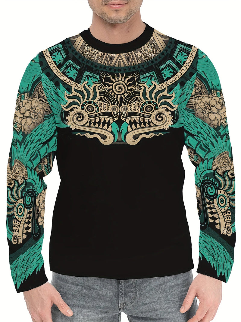 Camiseta de Cuello Redondo para Hombre con Patrón Azteca - Cómoda, Elástica, de Manga Larga y Fácil Cuidado para Uso Casual de Primavera y Otoño - SACASUSA