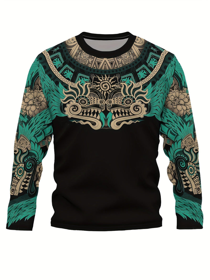 Camiseta de Cuello Redondo para Hombre con Patrón Azteca - Cómoda, Elástica, de Manga Larga y Fácil Cuidado para Uso Casual de Primavera y Otoño - SACASUSA