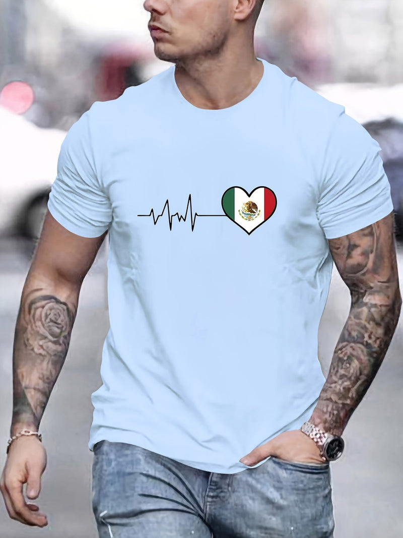 Camiseta De Impresión De Electrocardiograma De La Bandera Mexicana, Camisetas Para Hombres, Camiseta Casual De Manga Corta Para El Verano - SACASUSA