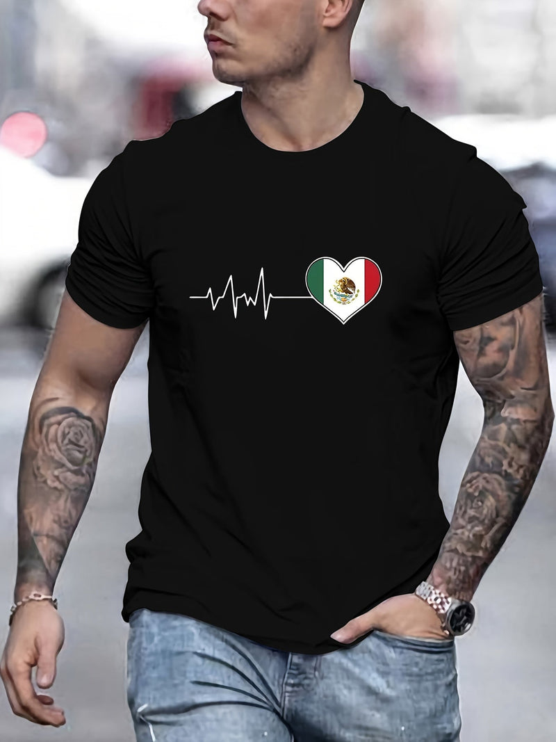 Camiseta De Impresión De Electrocardiograma De La Bandera Mexicana, Camisetas Para Hombres, Camiseta Casual De Manga Corta Para El Verano - SACASUSA