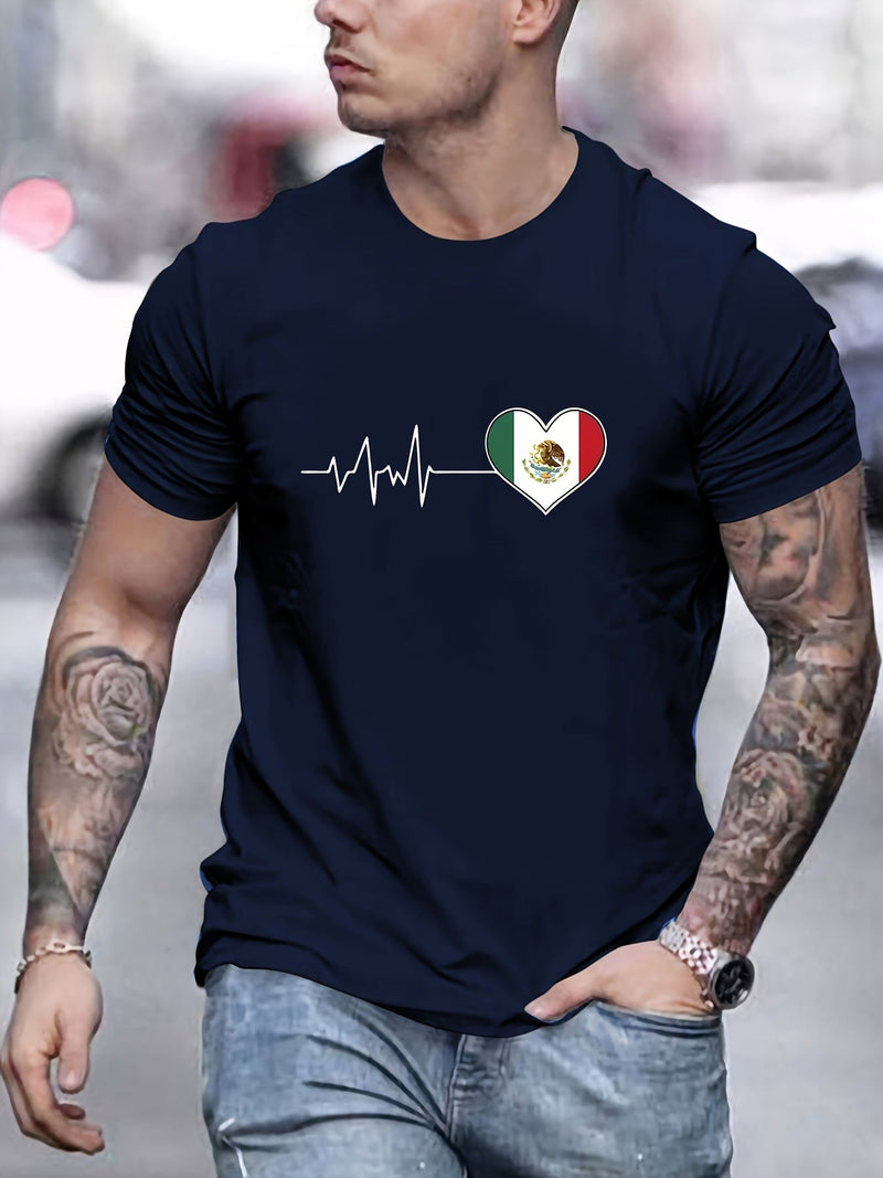 Camiseta De Impresión De Electrocardiograma De La Bandera Mexicana, Camisetas Para Hombres, Camiseta Casual De Manga Corta Para El Verano - SACASUSA