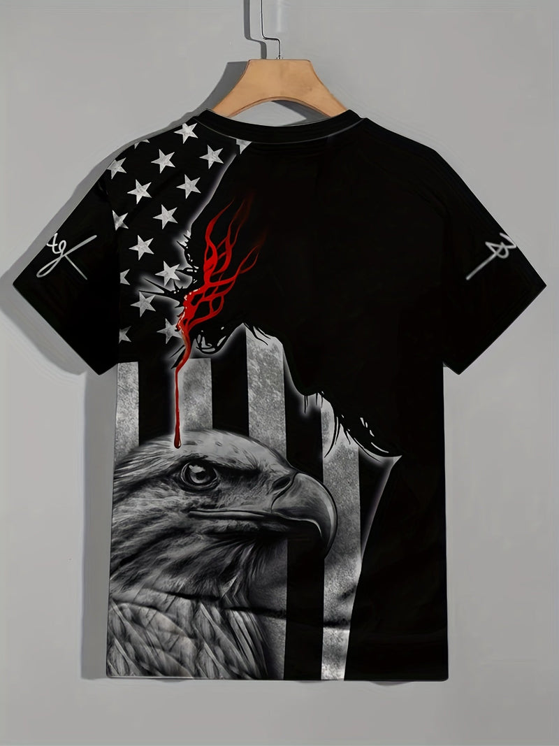 Camiseta De Manga Corta Con Estampado 3D De Águila Y Bandera Americana Para Hombres, Top De Pijama De Cuello Redondo Casual Para Verano - SACASUSA