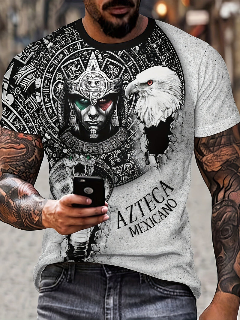 Camiseta De Manga Corta, cuello redondo y con estampado de "Azteca mexicano" para hombres, ropa elegante para verano - SACASUSA