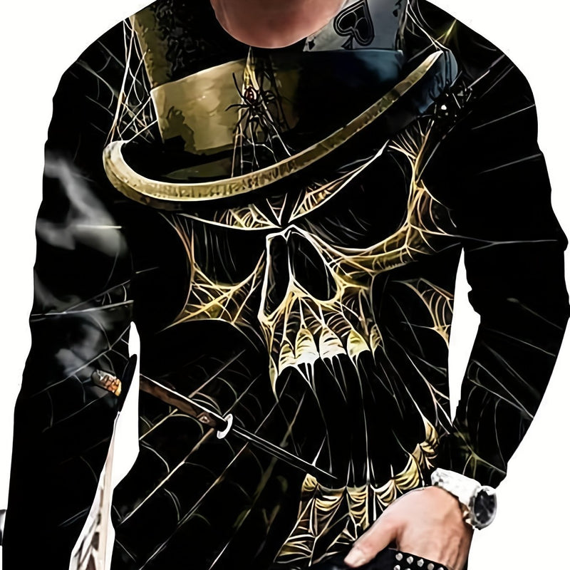 Camiseta de pijama de manga larga con estampado de calavera informal para hombre de Halloween - Camisa cómoda para estar en casa con diseño gráfico divertido - SACASUSA