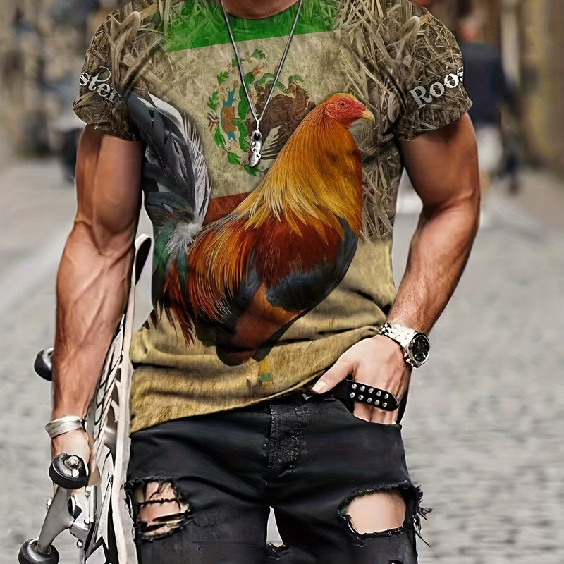 Camiseta Estampada 3D Gallo para Hombre | Cuello Redondo Casual con Ajuste Elástico | Comodidad de Verano y Cuidado Fácil - SACASUSA