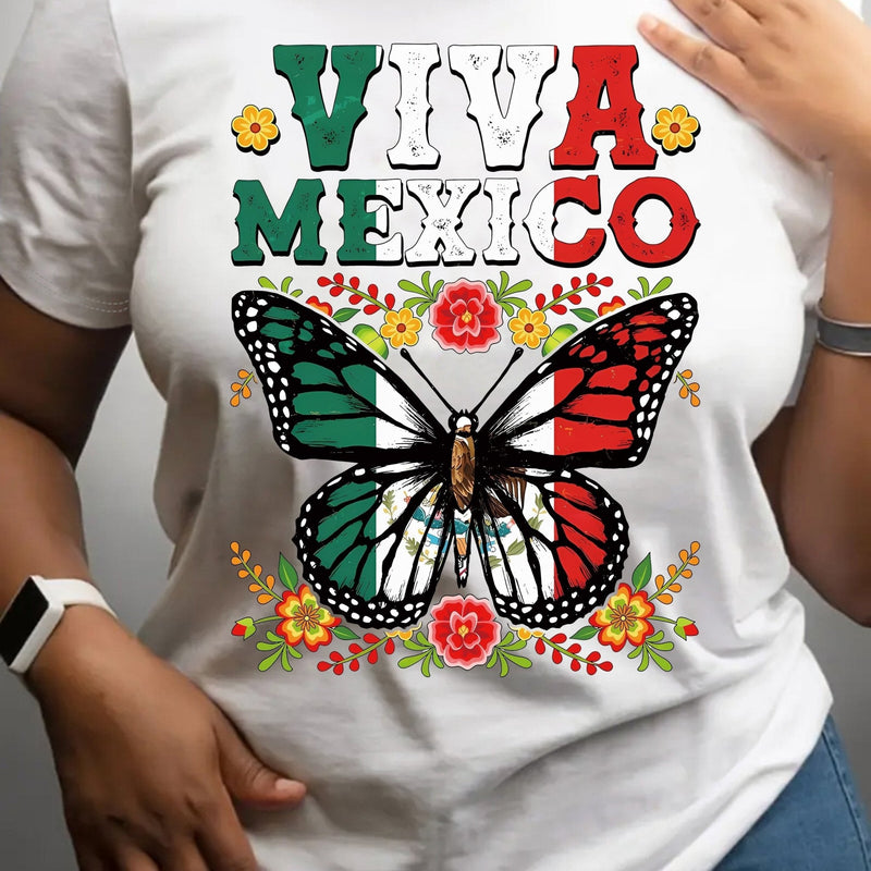 Camiseta Estampada Con Mariposa De La Bandera De MÉXICO, Manga Corta, Cuello Redondo, Top Casual Para Verano Y Primavera, Ropa De Mujer - SACASUSA