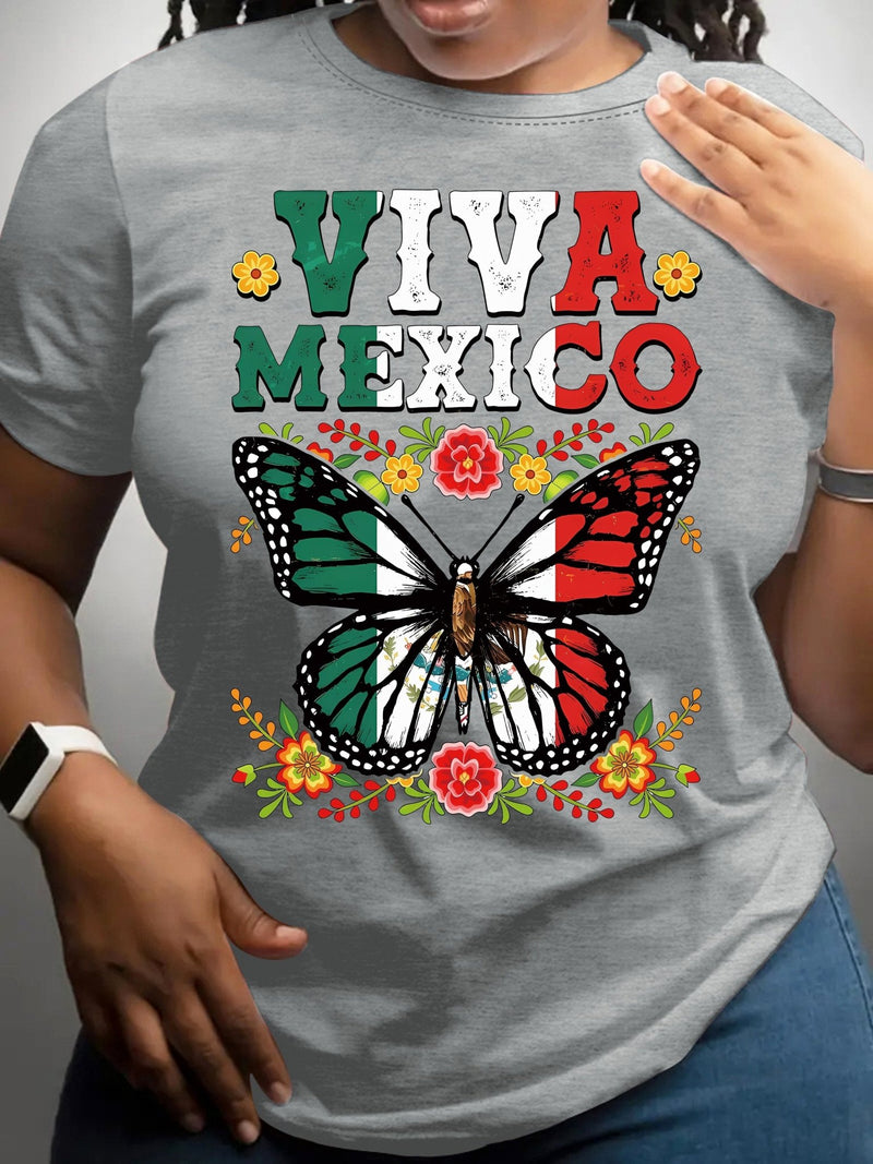 Camiseta Estampada Con Mariposa De La Bandera De MÉXICO, Manga Corta, Cuello Redondo, Top Casual Para Verano Y Primavera, Ropa De Mujer - SACASUSA