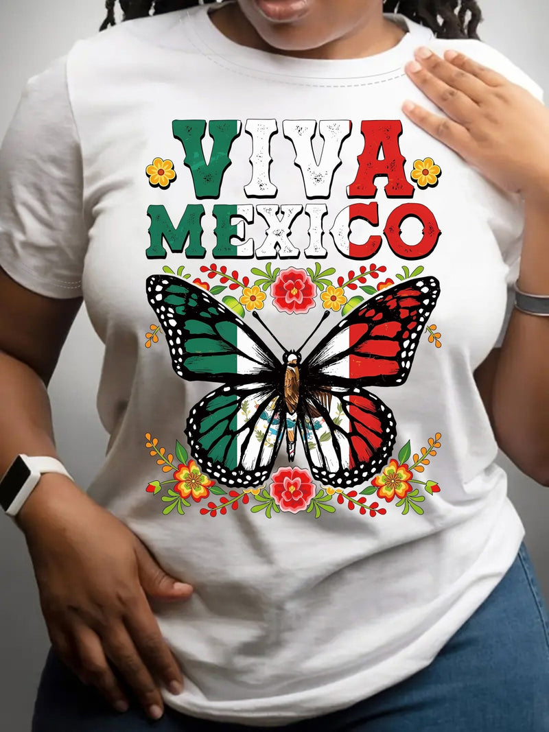 Camiseta Estampada Con Mariposa De La Bandera De MÉXICO, Manga Corta, Cuello Redondo, Top Casual Para Verano Y Primavera, Ropa De Mujer - SACASUSA