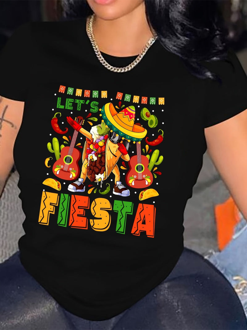 Camiseta Estampada De Sombrero Mexicano, Top Casual De Manga Corta Y Cuello Redondo Para Primavera Y Verano, Ropa De Mujer - SACASUSA