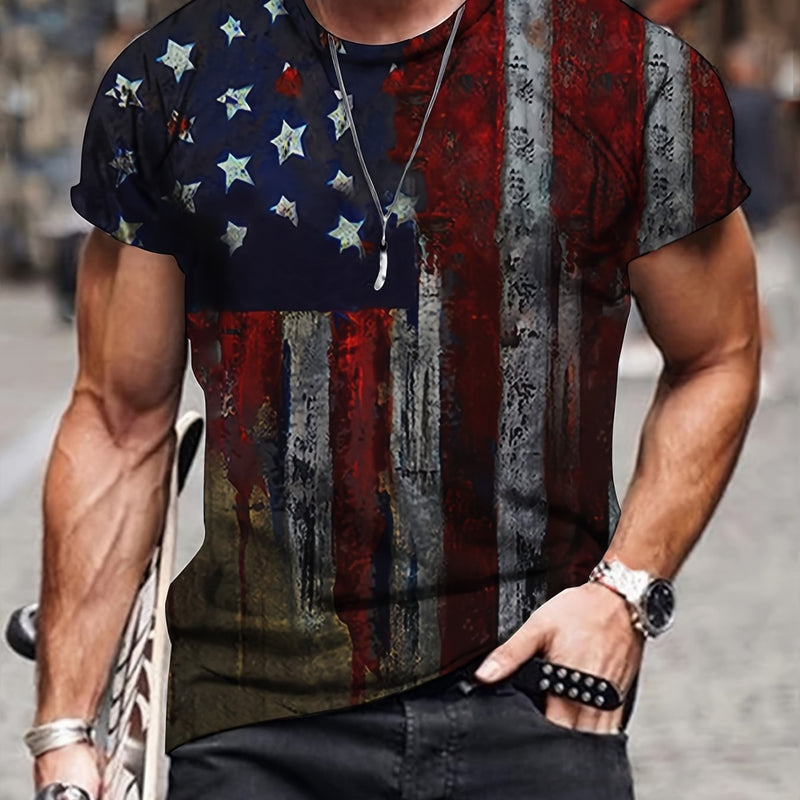 Camiseta Novedosa De Cuello Redondo Con Diseño Gráfico de bandera USA, Camiseta Cómoda Y Casual Para El Verano/Vacaciones, Ropa Para Hombre - SACASUSA