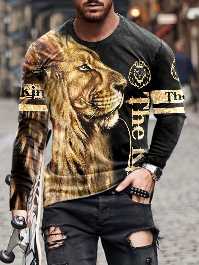 Camisetas De Manga Larga Con Cuello Redondo De Moda Con Estampado De Patrón De Cabeza De León 3D Para Hombres, Tops Gráficos Casuales, Ropa De Hombre, Pijamas De Hombre Novedosos Y Cómodos - SACASUSA