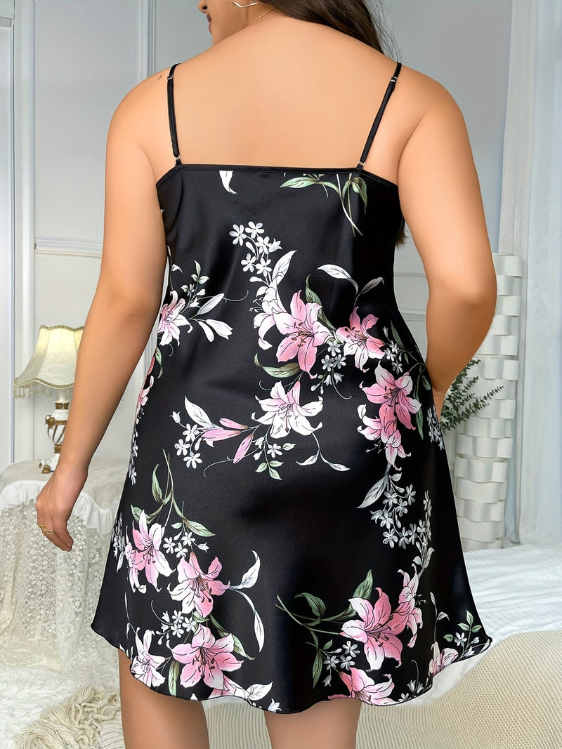 Camisón Elegante De Talla Grande, Vestido Sexy Para El Hogar Con Cuello En V Y Estampado Floral Para Mujer - SACASUSA