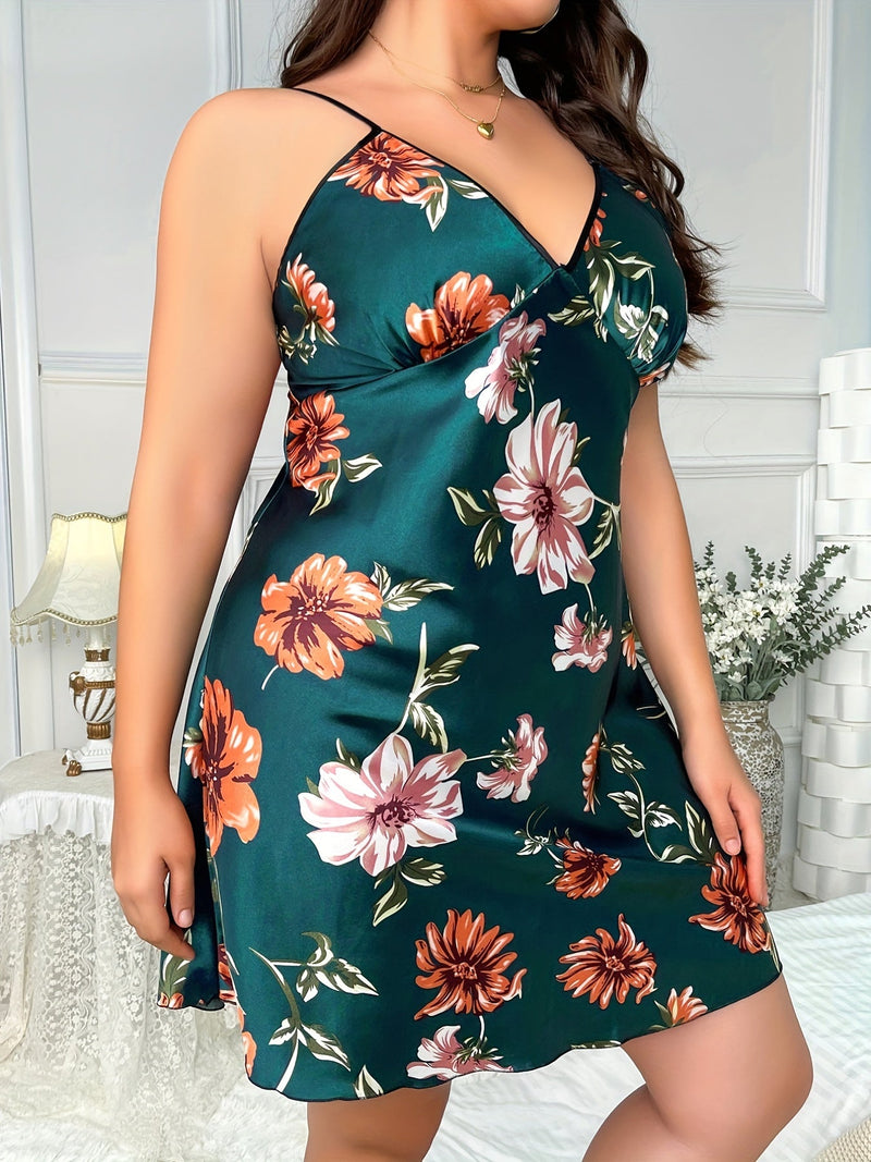 Camisón Elegante De Talla Grande, Vestido Sexy Para El Hogar Con Cuello En V Y Estampado Floral Para Mujer - SACASUSA