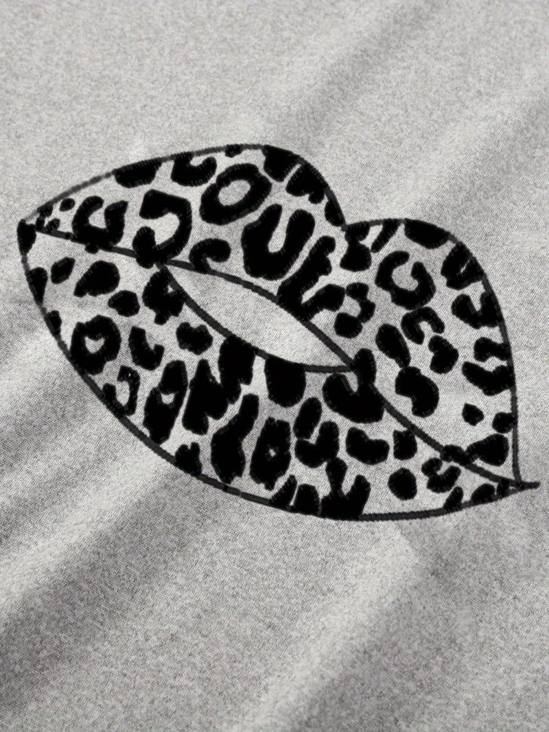 Camisón informal de talla grande, camisón de manga corta con cuello redondo y estampado de labios de leopardo para mujer - SACASUSA