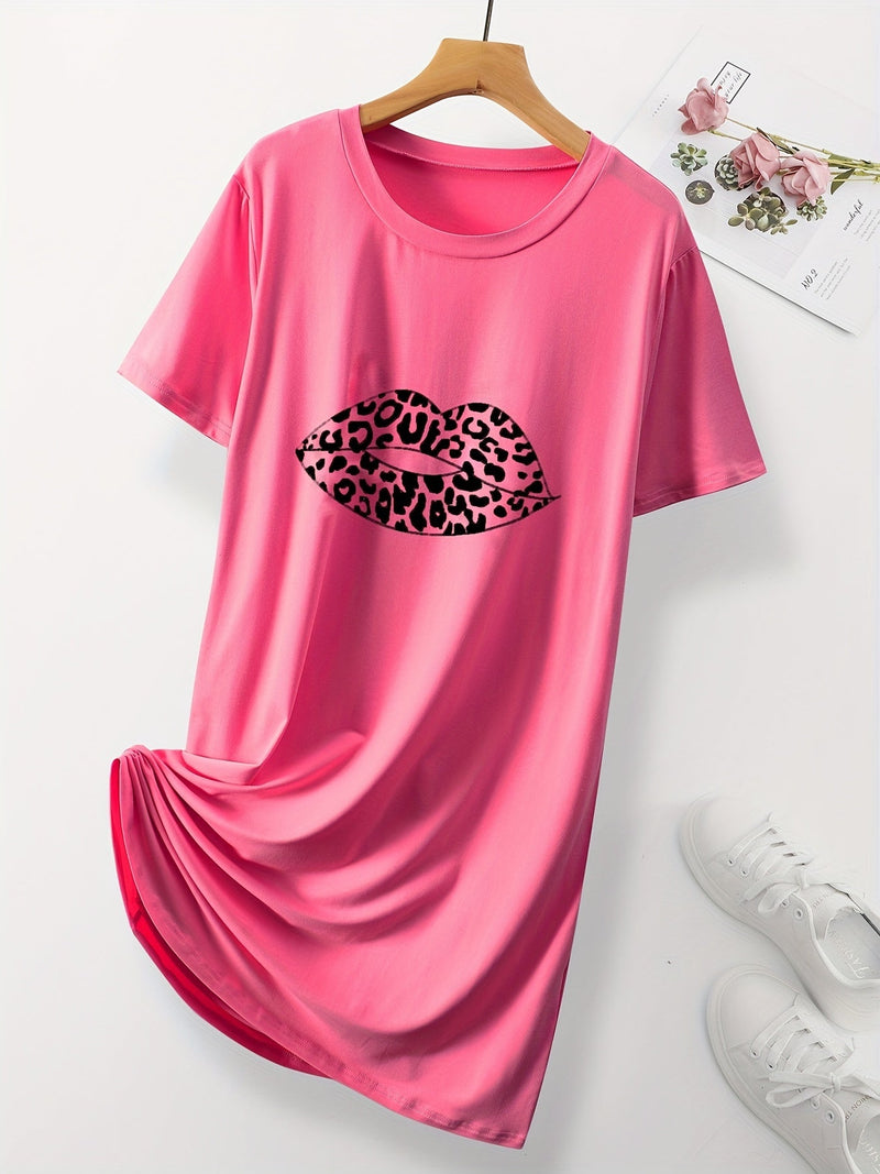 Camisón informal de talla grande, camisón de manga corta con cuello redondo y estampado de labios de leopardo para mujer - SACASUSA