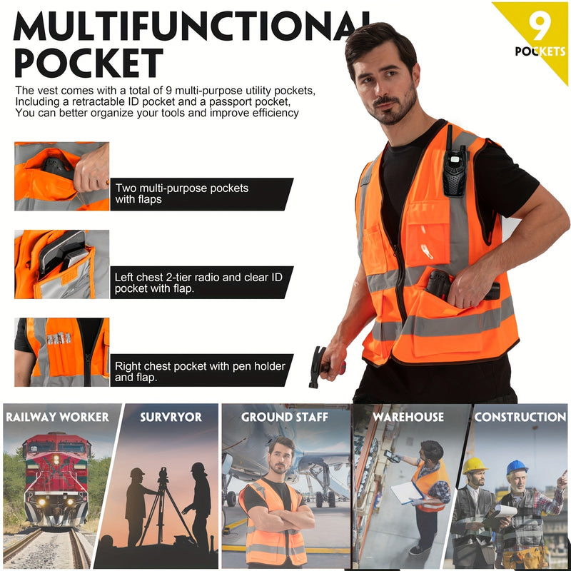 Chaleco De Seguridad Reflectante Naranja Con Bolsillos De Clase Visibilidad Seguridad Con Cremallera Chalecos De Seguridad De Alta Visibilidad Con Tiras Reflectantes Estándar ANSI/ISEA Chaleco De Trabajo De Construcción Para Hombres Y Mujeres DP Safety - SACASUSA