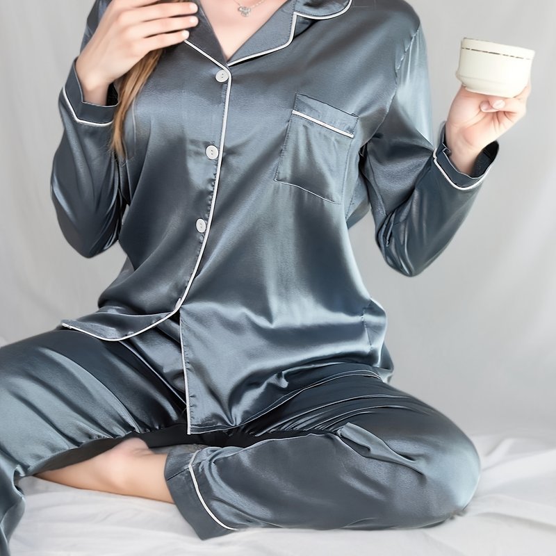 Cómodo y Elegante: Conjunto de Pijama de Color Sólido de Risonclo para Adolescentes con Mezcla de Poliéster-Elastano No Transparente, Top con Solapa & Pantalones - Lavable a Máquina, Ropa de Dormir Elegante para Todas las Estaciones - SACASUSA