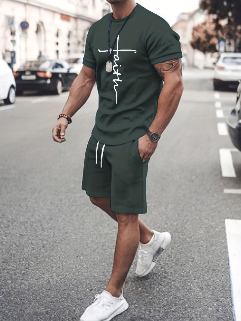 Conjunto de camiseta de manga corta y pantalones cortos estampados 'Fe' para hombres - Ropa cómoda y casual para el verano - SACASUSA