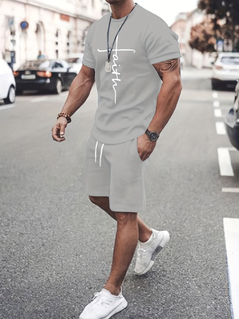 Conjunto de camiseta de manga corta y pantalones cortos estampados 'Fe' para hombres - Ropa cómoda y casual para el verano - SACASUSA