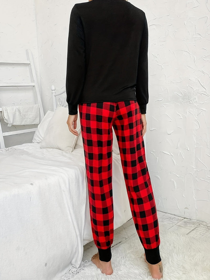 Conjunto de Pijama a Cuadros y Colorblock para Mujeres - Cómoda Camiseta de Manga Larga con Cuello Redondo, Pantalones con Cintura Elástica, Ropa de Dormir y Descanso para Todas las Estaciones - SACASUSA