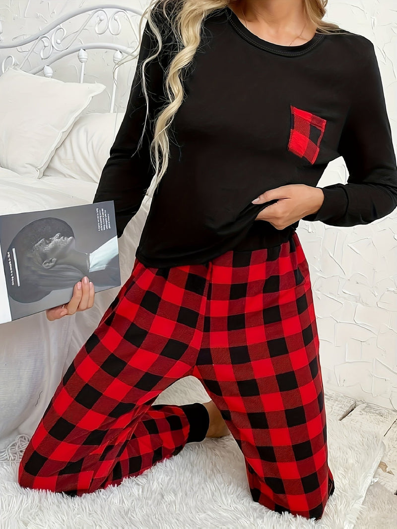 Conjunto de Pijama a Cuadros y Colorblock para Mujeres - Cómoda Camiseta de Manga Larga con Cuello Redondo, Pantalones con Cintura Elástica, Ropa de Dormir y Descanso para Todas las Estaciones - SACASUSA