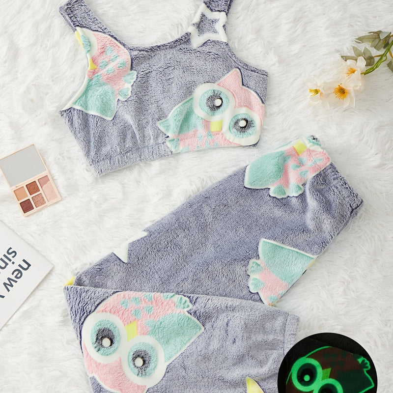 Conjunto de pijama de franela con lindo patrón de estrellas y luna para Carnaval, conjunto de tops y pantalones cálidos y acogedores, ropa de dormir y estar en casa para mujeres - SACASUSA