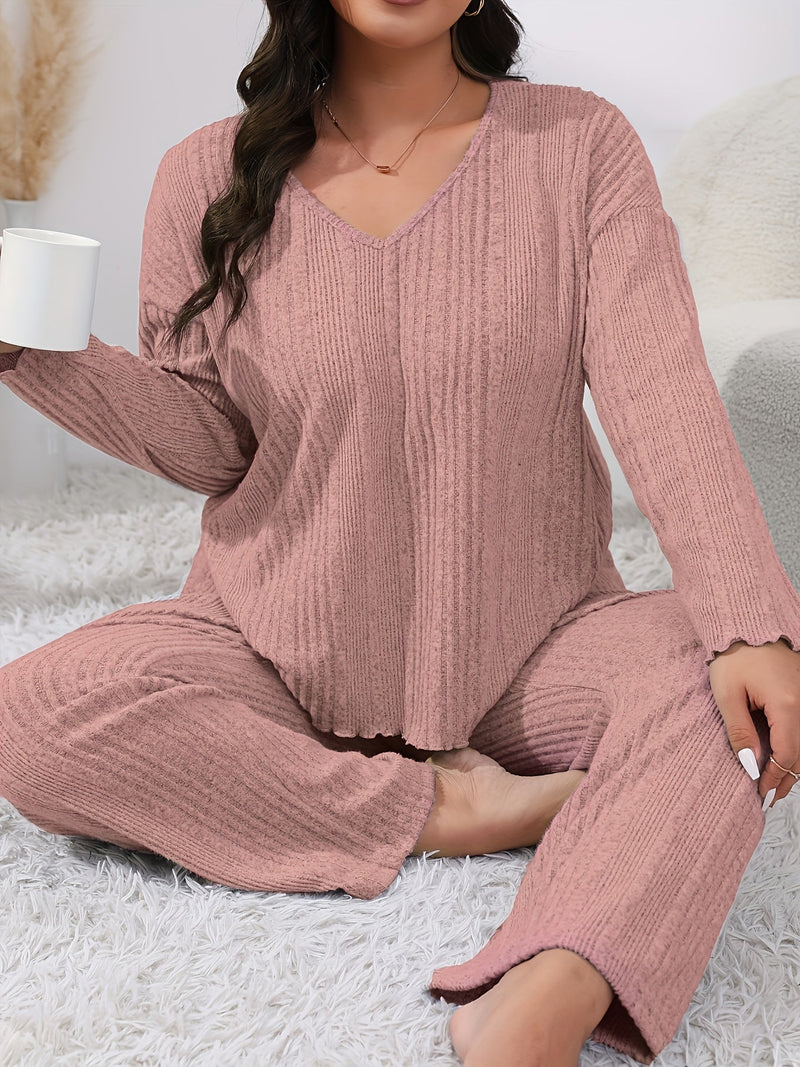 Conjunto De Salón Informal De Talla Grande, Conjunto De Pijama De Dos Piezas Con Pantalón Y Top Con Hombros Caídos Y Manga Larga De Punto Acanalado Liso Para Mujer - SACASUSA