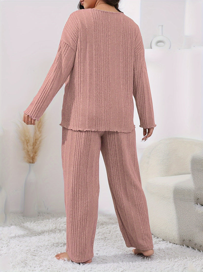 Conjunto De Salón Informal De Talla Grande, Conjunto De Pijama De Dos Piezas Con Pantalón Y Top Con Hombros Caídos Y Manga Larga De Punto Acanalado Liso Para Mujer - SACASUSA