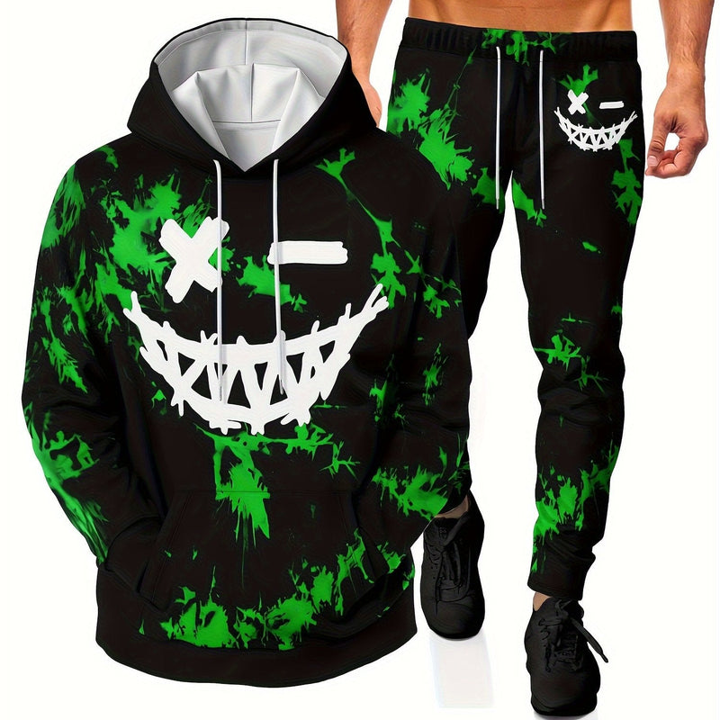 Conjunto de Sudadera y Pantalones Jogger para Hombre - Estampado de Carita Sonriente 3D, Cómodo y de Tejido Elástico, Fácil Mantenimiento - SACASUSA