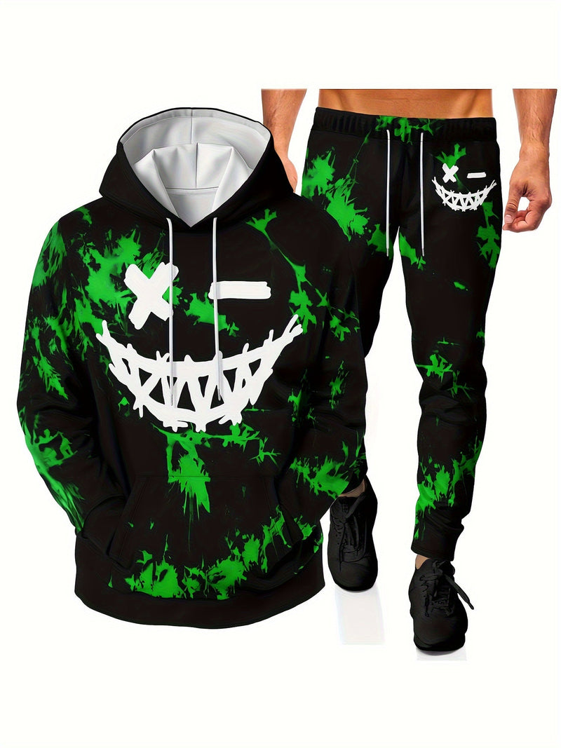 Conjunto de Sudadera y Pantalones Jogger para Hombre - Estampado de Carita Sonriente 3D, Cómodo y de Tejido Elástico, Fácil Mantenimiento - SACASUSA