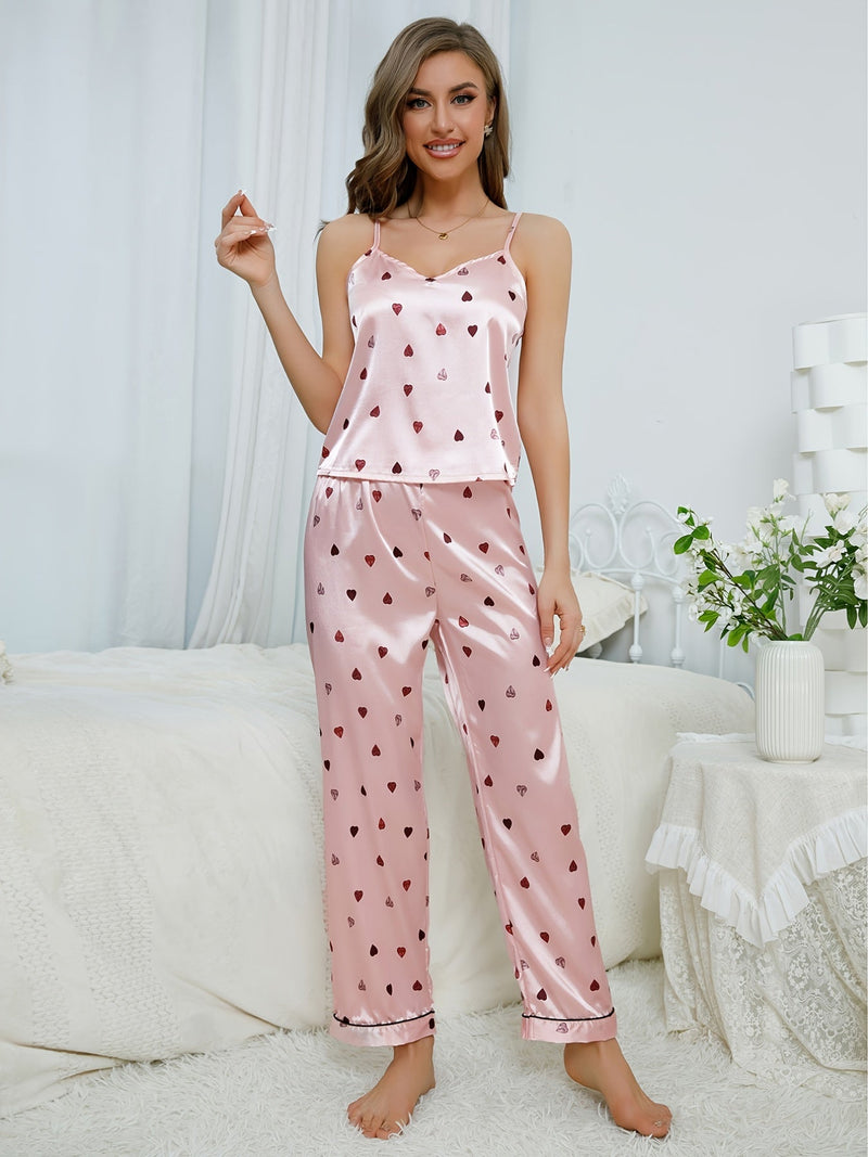 Conjunto Versátil de Pijamas para todas las Estaciones para Mujeres: Cómoda y Elegante Blusa de Cami con V-cuello y Patrón de Corazón & Pantalones Largos de Fácil Ajuste, Semi-transparente, Tela de Fácil Cuidado - SACASUSA