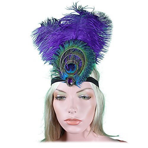 Diadema de cristal con diamantes de imitación de plumas de pavo real púrpura, tocado de los años 20, Flapper, disfraz negro de Halloween, disfraz de The Great Gatsby para mujer