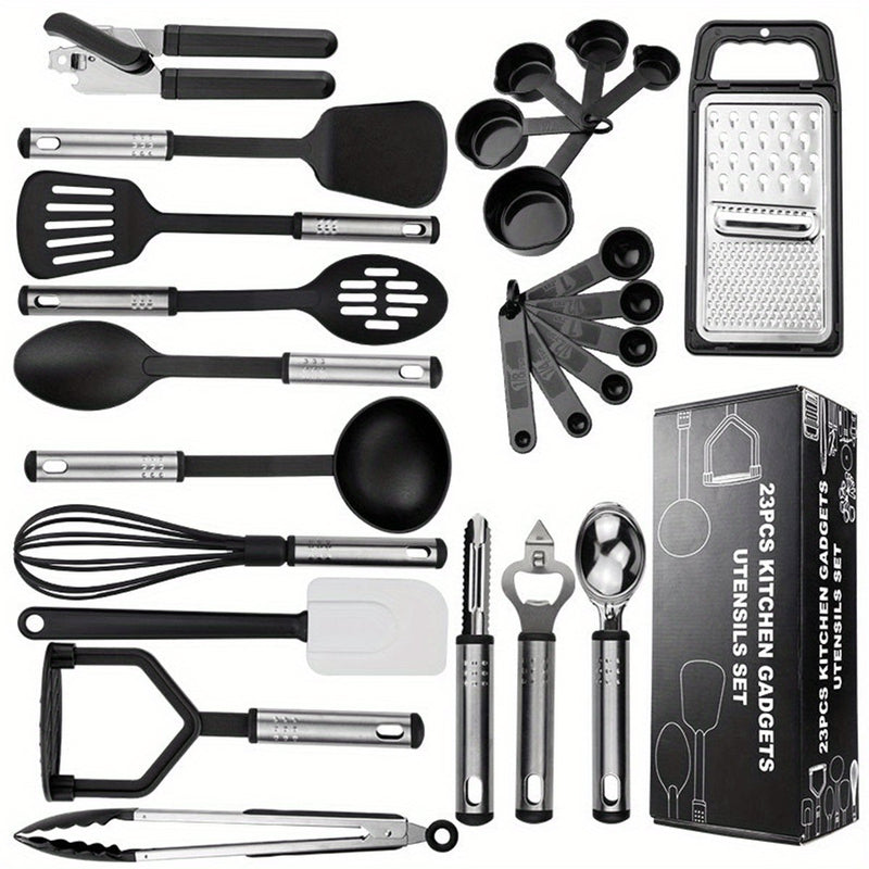 Elegante Juego de Utensilios de Cocina de 25 Piezas en Acero Inoxidable y Silicona - Duradero, Seguro para Utensilios de Cocina Antiadherentes y Fácil de Limpiar - Añade Elegancia a Cualquier Cocina - SACASUSA